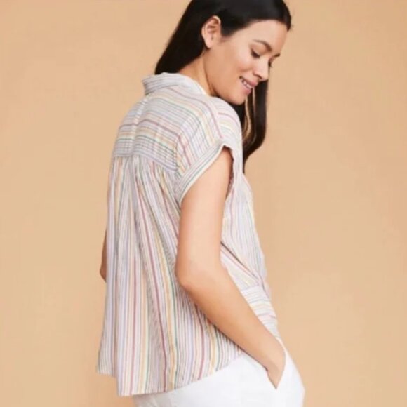 Lou & Grey Twist-Front Multicolor Striped Button-Down Blouse NWT - Picture 2 of 7